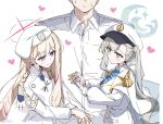  1boy 2girls aiguillette beret blonde_hair blonde_student_council_president_(blue_archive) blue_archive blue_halo breasts closed_mouth commentary_request cowboy_shot dice_choco epaulettes flat_chest halo hat large_breasts long_hair looking_at_another minato_(blue_archive) multicolored_hair multicolored_halo multiple_girls purple_eyes red_hair red_halo sensei_(blue_archive) shirt side_ponytail simple_background streaked_hair two-tone_halo white_background white_halo white_hat white_shirt 
