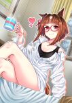  1girl animal_ears black_tank_top blush breasts brown_hair closed_mouth collarbone commentary_request crossed_legs cup ear_ribbon heart highres holding holding_cup horse_ears horse_girl horse_tail large_breasts looking_at_viewer multicolored_hair red-framed_eyewear red_eyes shirt short_hair sitting smile solo steam steaming_cup tail tank_top transcend_(umamusume) umamusume white_hair white_shirt zenrakishi 