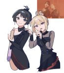  2girls bang_dream! bang_dream!_it's_mygo!!!!! bass_guitar black_dress black_hair blonde_hair closed_mouth commentary dress hand_on_another's_shoulder holding holding_microphone instrument microphone misumi_uika misumi_uika_(exitus) multiple_girls nekohige0123 okada_mei photo-referenced purple_eyes sasaki_rico short_hair simple_background single_off_shoulder untranslatable_commentary voice_actor_connection white_background yahata_umiri yahata_umiri_(exitus) 