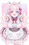  1girl ahoge aineko_hiyori animal_ears blue_bow blue_eyes bow breasts center_frills cleavage commentary_request commission flower food-themed_hair_ornament frills hair_flower hair_ornament heterochromia highres indie_virtual_youtuber mumei_rinnka open_mouth pink_bow pink_eyes pink_flower pink_hair reaching reaching_towards_viewer skeb_commission solo strawberry_hair_ornament teeth thighhighs upper_teeth_only virtual_youtuber white_thighhighs 