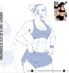  1girl abs breasts commentary crop_top english_commentary exercising highres medium_breasts muscular muscular_female photo-referenced reiyuu_ii rwby shorts solo solo_focus sweat turning_head watch white_hair winter_schnee 