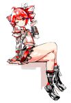  absurdres belt black_belt blush bow buttons drill_hair grey_jacket grey_skirt hand_in_own_hair highres invisible_chair jacket kasane_teto kasane_teto_(sv) layered_skirt layered_sleeves midriff_peek mp777b musical_staff musical_staff_print one_eye_closed red_eyes red_hair red_socks red_trim ribbon shoulder_belt shoulder_boards sitting skirt sleeve_cuffs smile socks striped_clothes striped_jacket synthesizer_v twin_drills utau white_background white_bow white_ribbon 