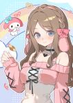  1girl absurdres animal_ears bang_dream! bang_dream!_it's_mygo!!!!! black_ribbon blue_background blue_eyes bow braid brown_hair checkerboard_cookie chinese_commentary choker closed_mouth commentary_request cookie crown_braid fake_animal_ears food frilled_choker frills hair_bow hand_up highres long_hair long_sleeves looking_at_viewer my_melody my_melody_(series) nagasaki_soyo pink_bow pink_shirt rainbow ribbon sanrio shirt sidelocks sleeves_past_wrists smile solo upper_body yuki_(miyuki_kii) 