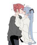  2girls black_thighhighs blue_hair blush closed_eyes commentary drill_hair grey_sweater hand_on_another's_neck hand_on_another's_waist hatsune_miku heart highres kasane_teto long_hair multiple_girls open_mouth red_eyes red_hair shirt simple_background spoken_heart sweat sweater thighhighs twin_drills twintails utau vocaloid white_background white_shirt y0g_lu yuri 