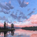  acrylic_paint_(medium) blue_sky colorful_clouds commentary english_commentary evening forest horizon jimmusilpainter lake landscape nature no_humans original outdoors painting_(medium) pine_tree reflection reflective_liquid scenery sky traditional_media tree water 