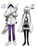  2girls absurdres bbirara117 black_eyes black_hair black_necktie black_skirt boots bow bowtie breasts chibi commentary_request cosplay costume_switch highres jacket kira_(project_moon) korean_commentary limbus_company medium_breasts multiple_chains multiple_girls necktie pants project_moon purple_eyes purple_pants shoes simple_background skirt sneakers sora_(project_moon) sword sword_on_back teardrop thigh_boots thighs weapon weapon_on_back white_background white_hair 