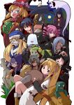  3boys 6+girls ahoge alchemist_(sekaiju) alchemist_2_(sekaiju) armor bag bandaged_head bandages bell black_hair blonde_hair blood blue_coat blue_eyes blue_hair breastplate brown_eyes bushidou_(sekaiju) bushidou_2_(sekaiju) canaan_(sekaiju) chain chest_sarashi closed_mouth coat collarbone commentary_request curse_maker curse_maker_1 curse_maker_2 dark-skinned_male dark_hunter_(sekaiju) dark_hunter_1 dark_hunter_4 dark_skin demonica doctor_magus doctor_magus_4 doll drill_hair full_moon fur-trimmed_coat fur_trim genwaku_no_hi_kabocha_(sekaiju) greaves green_eyes green_hair grey_hair grin gunner_(sekaiju) gunner_2_(sekaiju) hair_over_one_eye hair_ribbon hat highres hoku jack_frost_(megami_tensei) long_hair looking_at_viewer medallion mokoi_(megami_tensei) moon multiple_boys multiple_girls neck_bell one_eye_covered open_clothes open_coat open_mouth paladin_(sekaiju) paladin_2_(sekaiju) parted_lips pauldrons pin pink_hair pointy_ears pumpkin purple_hair red_eyes red_hat red_ribbon ribbon sarashi sekaiju_no_meikyuu sekaiju_no_meikyuu_2 sharp_teeth sheet_ghost short_hair shoulder_armor shoulder_bag sirar_(sekaiju) smile sparkle sweatdrop teeth tombstone twin_drills upper_teeth_only white_coat witch_hat yakusen'in_joshu_(sekaiju) yellow_bag 