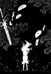  1boy 1girl absurdres bleach bleach:_sennen_kessen-hen chronozbergh commentary english_commentary extra_eyes floating_hair full_body greyscale hair_floating_upwards highres holding holding_sword holding_weapon inoue_orihime medium_skirt monochrome silhouette skirt slim_legs standing sword the_almighty torn_clothes torn_skirt weapon yhwach 