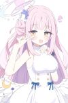  1girl absurdres angel_wings blue_archive blush breasts dress feathered_wings flower hair_bun hair_flower hair_ornament halo highres kashiwa0702 large_breasts long_hair looking_at_viewer low_wings mika_(blue_archive) open_mouth pink_hair pink_halo single_side_bun smile solo white_wings wing_ornament wings yellow_eyes 