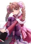  1girl absurdres beatrice_(re:zero) beatrice_(re:zero)_(cosplay) book brown_eyes brown_hair capelet closed_mouth commentary_request cosplay crown dress drill_hair fur-trimmed_capelet fur_trim hand_on_book highres k3rd knees_up long_hair looking_at_viewer mary_janes mini_crown red_capelet red_dress red_shoes shirai_kuroko shoes sitting solo toaru_kagaku_no_railgun toaru_majutsu_no_index twin_drills twintails voice_actor_connection 