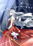  1girl absurdres arknights bare_shoulders breasts closed_mouth commentary_request crown dress fur-trimmed_gloves fur_trim gloves grey_hair hair_between_eyes halter_dress halterneck highres long_hair looking_at_viewer mushuang_goner official_alternate_costume red_dress red_eyes red_gloves simple_fish skadi_(arknights) skadi_the_corrupting_heart_(arknights) skadi_the_corrupting_heart_(red_countess)_(arknights) sleeveless sleeveless_dress solo very_long_hair white_hair 