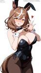  1girl :p breasts brown_hair brown_tail closed_mouth cowboy_shot english_text heart heart-shaped_pupils highres large_breasts licking_lips looking_at_viewer magi_amagi matikanetannhauser_(umamusume) non-web_source penetration_gesture playboy_bunny simple_background solo source_request symbol-shaped_pupils tongue tongue_out umamusume white_background 