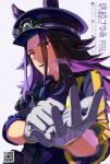  1girl absurdres adjusting_clothes adjusting_gloves animal_ears black_hair black_jacket breasts commentary ears_through_headwear fenomeno_(black_flames_of_the_righteous_spirit)_(umamusume) fenomeno_(umamusume) flipped_hair gloves hat highres horse_ears horse_girl horseshoe_hat_ornament horseshoe_ornament jacket long_hair long_sleeves looking_at_viewer multicolored_hair open_mouth peaked_cap purple_eyes purple_hair sayuasakura shirt teeth umamusume upper_body upper_teeth_only white_gloves 
