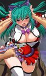  1girl 2boys absurdres aqua_hair ayahime_kurumi blush breasts cameltoe cleavage cleavage_cutout clothing_cutout commentary_request commission dress drooling energy_drain green_hair hair_ornament heropin hetero highres imminent_rape large_breasts lemmtear_theta long_hair magical_girl mahou_senshi_(series) mahou_senshi_lemmtear_knights multiple_boys open_mouth panties potion purple_eyes purple_panties ribbon saliva skeb_commission skirt solo_focus sweat thighhighs underwear zefilansas 