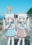  2girls ahoge animal_ear_fluff animal_ears blue_bow blue_sailor_collar blue_skirt blue_sky bow brown_bow brown_sailor_collar brown_skirt cat_ears cat_girl cat_tail closed_mouth commentary day fang fang_out feet_out_of_frame food grey_hair highres holding holding_food holding_hands horizon long_hair loose_socks manhole_cover multiple_girls nakkar ocean open_mouth original outdoors photo_background plaid_clothes plaid_sailor_collar pleated_skirt popsicle road road_sign sailor_collar school_uniform serafuku shadow shirt short_sleeves sign skirt sky socks tail twintails untranslatable_commentary very_long_hair water wavy_mouth white_shirt white_socks 