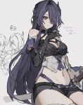  1girl absurdres acheron_(honkai:_star_rail) belt black_shorts breasts chain chain_around_arm choker cleavage closed_mouth coa_(35_seno) commentary_request crop_top doodle_inset hair_over_one_eye highres honkai:_star_rail honkai_(series) jacket long_hair midriff navel open_clothes open_jacket purple_eyes purple_hair scabbard sheath shorts single_bare_shoulder strap thighs very_long_hair 