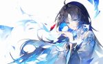  1girl absurdres ahoge bird bird_on_hand blue_eyes blue_hair breasts fu_guo_sheng_qingtai hair_intakes highres jacket long_hair long_sleeves looking_at_viewer medium_breasts open_mouth smile solo tacet_mark_(wuthering_waves) upper_body white_jacket wuthering_waves yangyang_(wuthering_waves) yangyang_(xuanling)_(wuthering_waves) 