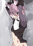  1girl animal_ear_fluff animal_ears arms_up black_dress blood blood_on_face blue_eyes blush bottomless braid bruise bruise_on_face bruise_on_stomach closed_mouth commentary_request crown_braid crying crying_with_eyes_open dog_ears dog_girl dress elsa_(symphogear) grey_background hair_between_eyes injury koma_kitsune_(kururito) long_bangs long_sleeves looking_at_viewer navel out-of-frame_censoring purple_hair restrained ryona senki_zesshou_symphogear short_hair smile solo tears torn_clothes torn_dress trembling upper_body 