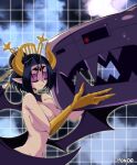 1girl 1other bat_tattoo black_hair breasts closed_eyes completely_nude digimon elbow_gloves forehead_tattoo gloves gold_gloves hair_bun highres large_breasts lilithmon mugendramon navel nude pointy_ears smile supermondobeat sweatdrop tattoo watermark 
