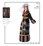  1girl 2026 bead_necklace beads black_robe blue_eyes chinese_commentary chinese_text commentary_request eborel fedora full_body grey_hair grin hair_ornament hand_up hat highres jewelry long_hair looking_at_viewer necklace original photo-referenced photo_inset red_lips reference_inset robe shirt smile solo standing tibetan_clothes white_background white_hat white_shirt 