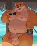  anthro balls canid canine canis domestic_dog erection eyewear foreskin fur genitals hi_res humanoid_genitalia humanoid_penis male mammal moki navel nude orange_body orange_fur overweight overweight_male penis solo standing sunglasses white_body white_fur 