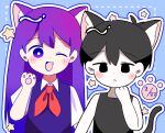  1boy 1girl animal_ears antenna_hair bad_id bad_pixiv_id black_eyes black_hair black_tank_top blue_background blue_outline blush bright_pupils brother_and_sister cat_boy cat_ears cat_girl cat_tail collared_shirt colored_skin commentary_request double-parted_bangs fang hair_between_eyes highres hoshidashiki kemonomimi_mode long_hair looking_at_viewer mari_(headspace)_(omori) mari_(omori) neckerchief omori omori_(omori) one_eye_closed outline purple_eyes purple_hair purple_sweater_vest red_neckerchief shirt short_hair short_sleeves siblings simple_background smile sweater_vest tail tank_top white_outline white_pupils white_skin 