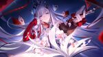  1girl absurdres aha_(honkai:_star_rail) asymmetrical_sleeves bad_link bad_miyoushe_link bare_shoulders black_sleeves bow breasts card crown detached_collar detached_sleeves diamond-shaped_earrings diamond-shaped_pupils diamond_(shape) diamond_hair_ornament diamond_print dress earrings frilled_dress frilled_sleeves frills game_asset grin hair_ornament hand_on_own_face highres holding holding_card holding_wand honkai:_star_rail honkai_(series) jewelry long_hair looking_at_viewer manga_(object) mask medium_breasts mismatched_sleeves necklace nihilux_(honkai:_star_rail) official_art parted_lips purple_eyes red_sleeves smile solo spoilers symbol-shaped_pupils two-sided_fabric wand white_bow white_dress white_hair 