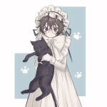  1girl alternate_costume animal black_eyes black_hair blue_background blush cat dress glasses highres holding holding_animal holding_cat huge_bowtie limbus_company looking_at_viewer millaligusticum paw_print paw_print_background project_moon simple_background smile sora_(project_moon) white_dress white_headdress 