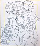  2girls canari_(pokemon) closed_eyes coat commentary eyelashes gloves gwynn_(pokemon) hat heart highres kame_san long_sleeves looking_at_viewer mask monochrome mouth_mask multiple_girls navel open_clothes open_coat open_mouth partially_fingerless_gloves photo_(medium) pokemon pokemon_legends:_z-a short_hair speech_bubble traditional_media twintails wide_sleeves 