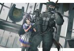  2girls absurdres american_flag ammunition_pouch assault_rifle black_eyes black_gloves black_hair black_jacket black_pants black_thighhighs blue_bow blue_bowtie border bow bowtie braid broken_glass brown_hair bullet_hole bulletproof_vest combat_helmet cowboy_shot glass gloves gun hair_between_eyes helmet highres holding holding_weapon horse horse_tail indoors jacket long_hair looking_to_the_side m4_carbine magazine_(weapon) manhattan_cafe_(umamusume) mask maxturbo69 multiple_girls original pants pleated_skirt pouch purple_shirt rifle sailor_collar shirt skirt standing tactical_clothes tail thighhighs umamusume weapon weapon_request white_border white_sailor_collar white_skirt 