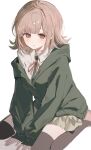  1girl collared_shirt danganronpa_(series) danganronpa_2:_goodbye_despair expressionless green_hoodie hands_on_ground highres hood hoodie l_xh4cv light_blush medium_hair nanami_chiaki pink_ribbon pleated_skirt red_eyes ribbon shirt simple_background skirt solo white_background white_shirt 