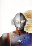  1boy alien amemiya_keita character_request colored_skin compound_eyes dorsal_fin geometry highres horns kaiju looking_at_viewer male_focus math multicolored_skin official_art open_mouth painting_(medium) red_skin sharp_teeth silver_skin simple_background solo star_(sky) straight-on teeth third-party_source tokusatsu traditional_media ultra_series ultraman:_towards_the_future ultraman_great upper_body white_background white_eyes 