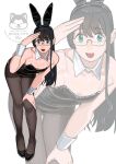  1girl absurdres alternate_costume animal_ears black-framed_eyewear black_hair black_leotard black_shoes breasts brown_pantyhose commentary_request detached_collar fake_animal_ears full_body glasses green_eyes hand_on_own_thigh high_heels highres kantai_collection leaning_forward leotard looking_at_viewer ojipon ooyodo_(kancolle) own_hands_together pantyhose playboy_bunny rabbit_ears see-through_clothes see-through_pantyhose see-through_strap shading_eyes shoes simple_background small_breasts standing twitter_username watermark white_background wrist_cuffs zoom_layer 