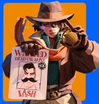  1boy 1girl absurdres badge belt black_hair blue_background blue_eyes blue_shirt brown_hat cigarette commission cowboy_hat cowgirl_(western) deadlock_(game) english_commentary expressionless facial_hair gloves hat highres holding holding_badge holding_paper holliday_(deadlock) jacket lash_(deadlock) looking_at_viewer luqiy mustache open_collar orange_background orange_scarf pants paper popped_collar scarf shirt short_hair smoking wanted_poster 