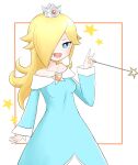  1girl bare_shoulders blonde_hair blue_eyes closed_mouth dress earrings hair_over_one_eye highres jewelry long_hair long_sleeves looking_at_viewer mario_(series) medium_hair rosalina simple_background smile solo star_(symbol) star_earrings super_mario_galaxy super_mario_galaxy_2 tomatomiya upper_body wand white_background 