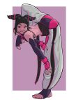  1girl absurdres ass black_hair commentary english_commentary fingerless_gloves flexible gloves hair_horns han_juri hands_on_own_leg highres john_coffe looking_at_viewer nail_polish pink_eyes pink_gloves pink_nails solo stirrup_legwear street_fighter street_fighter_iv_(series) toeless_legwear toenail_polish toenails tongue tongue_out 