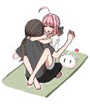  2girls ahoge arms_around_neck barefoot black_pants black_shirt brown_hair hair_intakes highres leg_lock long_hair multiple_girls original p_b3_tkng pants pink_hair ponytail shirt short_hair sitting sitting_on_lap sitting_on_person tatami yuri 