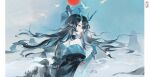  1girl absurdres arknights bare_shoulders bead_bracelet beads bird black_coat black_hair blending bracelet calligraphy_brush chinese_commentary coat commentary_request crane_(animal) daoxian_erpuzi dragon_girl dragon_horns dragon_tail dusk_(arknights) earrings eastern_dragon_horns eastern_dragon_tail floating_hair from_behind green_hands green_streaks highres holding holding_calligraphy_brush holding_paintbrush horns jewelry long_hair looking_at_viewer mountain multicolored_hair off_shoulder paintbrush pointy_ears profile red_eyes red_sun seal_impression solo streaked_hair tail tassel tassel_earrings upper_body xiangyun zhongguo_hua 
