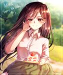  1girl black_hair blurry blurry_background cake cake_slice closed_mouth collared_shirt food happy_birthday highres long_hair looking_at_viewer mari_(birthday)_(omori) mari_(faraway)_(omori) mari_(omori) myohn omori pleated_skirt shirt skirt smile solo sunlight 