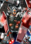  absurdres arm_cannon arm_shield bullet_hole commentary_request earth_federation earth_federation_space_forces extra_arms full_armor_gundam glowing glowing_eyes gundam gundam_thunderbolt highres kuroneko_koubou mecha mecha_focus missile_pod mobile_suit no_humans red_eyes robot science_fiction solo v-fin weapon 
