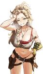  1girl absurdres alternate_costume bare_arms bare_legs bare_shoulders belt belt_buckle bikini blonde_hair blue_eyes braid braid_over_shoulder breasts buckle commentary_request freckles gemma_(monster_hunter_wilds) gloves hand_in_own_hair hand_on_own_forehead hand_on_own_hip highres messy_hair monster_hunter_(series) navel necklace_between_breasts open_mouth red_bikini simple_background single_glove skindentation smile steam swimsuit teeth vchan white_background 