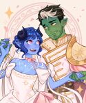  1boy 1girl bare_shoulders black_hair blue_hair blue_skin blush brown_eyes colored_skin commentary critical_role curled_horns dress dungeons_&amp;_dragons english_commentary facial_hair fangs fjord_stone green_skin highres holding_hands horns jacket jester_lavorre kaaileen looking_at_another multicolored_hair open_mouth orc pink_eyes pointy_ears short_hair sparkle strapless strapless_dress streaked_hair stubble teeth the_mighty_nein tiefling upper_body upper_teeth_only wedding wedding_dress white_dress white_jacket white_streaks 