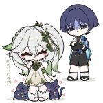  1boy 1girl animalization aqua_gem arm_at_side armlet black_bodysuit black_bridal_gauntlets black_cat black_eyes black_hair black_sandals black_shorts bloomers blue_cape blue_kimono blunt_ends blush_stickers bodysuit bracelet bridal_gauntlets bright_pupils cape cat chibi chibi_only closed_eyes commentary_request crossed_arms crossed_bangs detached_sleeves dress eyelashes facing_viewer fat frown furisode gem genshin_impact gold gold_armlet gold_bracelet gold_trim green_gem green_hair green_sleeves hair_between_eyes hair_ornament hand_up headpat heart highres japanese_clothes jewelry juban kimono leaf leaf_hair_ornament leg_warmers long_hair mandarin_collar multicolored_hair nahida_(genshin_impact) nrl_p6 open_clothes open_kimono open_mouth person_and_animalization pointy_ears purple_sash sandals sash scaramouche_(cat)_(genshin_impact) scaramouche_(genshin_impact) shaded_face short_sleeves shorts side_cape side_ponytail sidelocks socks standing stirrup_legwear streaked_hair tassel toeless_legwear toeless_socks translation_request wanderer_(genshin_impact) white_bloomers white_dress white_hair white_kimono white_leg_warmers white_pupils white_sleeves white_socks white_trim wispy_bangs zouri 