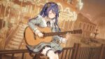  1girl absurdres acoustic_guitar ahoge amamiya_kokoro amamiya_kokoro_(1st_costume) bell black_hat blue_hair carousel closed_eyes closed_mouth ferris_wheel grey_shirt grey_skirt guitar hair_bell hair_ornament hat highres ikkia instrument jingle_bell long_hair miniskirt night nijisanji outdoors playing_instrument shirt skirt smile solo thighhighs virtual_youtuber white_thighhighs 