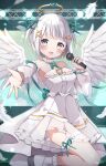  1girl :d amase_rirumu angel angel_wings bad_id bad_pixiv_id bare_shoulders blunt_bangs blush breasts commentary commission detached_sleeves dress feathered_wings frilled_dress frilled_thigh_strap frills green_eyes hair_ornament halo highres holding holding_microphone indie_virtual_youtuber long_sleeves looking_at_viewer microphone open_mouth outstretched_arm see-through_clothes see-through_dress shoes short_hair sidelocks skeb_commission small_breasts smile socks solo thigh_strap tobio_illust virtual_youtuber white_dress white_shoes white_sleeves white_socks white_wings wing_hair_ornament wings x_hair_ornament 