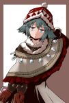  1girl arm_behind_head border brown_border brown_gloves commentary_request fur-trimmed_headwear fur_trim gloves green_eyes green_hair grey_robe hair_between_eyes half-closed_eyes head_tilt highres hoku looking_at_viewer official_alternate_color outside_border parted_lips pom_pom_(clothes) robe rune_master_(sekaiju) rune_master_4_(sekaiju) sekaiju_no_meikyuu sekaiju_no_meikyuu_4 short_hair solo white_background 