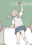  1girl 2boys accidental_pervert arm_up ass blue_skirt blush board_eraser brown_hair chalkboard commentary_request desk ear_blush indoors juukyuu long_hair looking_at_another multiple_boys original panties pantyshot pleated_skirt school_desk school_uniform shirt shoe_soles shoes short_sleeves skirt socks solo_focus standing standing_on_one_leg sweater_vest twintails underwear white_panties white_shirt white_shoes white_socks 