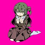  1girl akiha_school_uniform bang_dream! bang_dream!_yumemita black_shirt black_skirt bound bound_wrists chinese_commentary commentary_request full_body green_eyes green_hair hair_bun hair_ornament hairclip highres long_hair long_sleeves looking_at_viewer mole mole_under_mouth nervous_sweating pink_background pleated_skirt school_uniform shirt simple_background single_side_bun sitting skirt solo sweat tied_up_(nonsexual) viola_(bang_dream!) x_hair_ornament zijing_azusa 