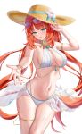  1girl absurdres air_bubble alternate_costume bikini breasts bubble cleavage dokimaru eyewear_on_head flower gem genshin_impact green_eyes green_gem hat hat_flower highres large_breasts long_hair looking_at_viewer navel nilou_(genshin_impact) offering_hand open_mouth red_hair smile solo stomach straw_hat sun_hat sunglasses swimsuit very_long_hair white_background white_bikini white_flower 