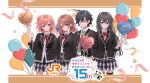  1boy 3girls ahoge balloon black_hair black_jacket black_pants black_thighhighs blazer blush brown_eyes brown_hair closed_mouth collared_shirt company_logo company_name copyright_logo copyright_name copyright_notice green_necktie hair_bun hair_intakes hair_ribbon highres hikigaya_hachiman holding holding_balloon isshiki_iroha jacket logo long_hair looking_at_viewer medium_hair multiple_girls neck_ribbon necktie official_art orange_hair pants parted_lips plaid_clothes plaid_skirt ponkan_8 red_ribbon ribbon school_uniform second-party_source shirt short_hair single_hair_bun single_side_bun skirt sobu_high_school_uniform standing thighhighs waving white_shirt winter_uniform yahari_ore_no_seishun_lovecome_wa_machigatteiru. yuigahama_yui yukinoshita_yukino zettai_ryouiki 